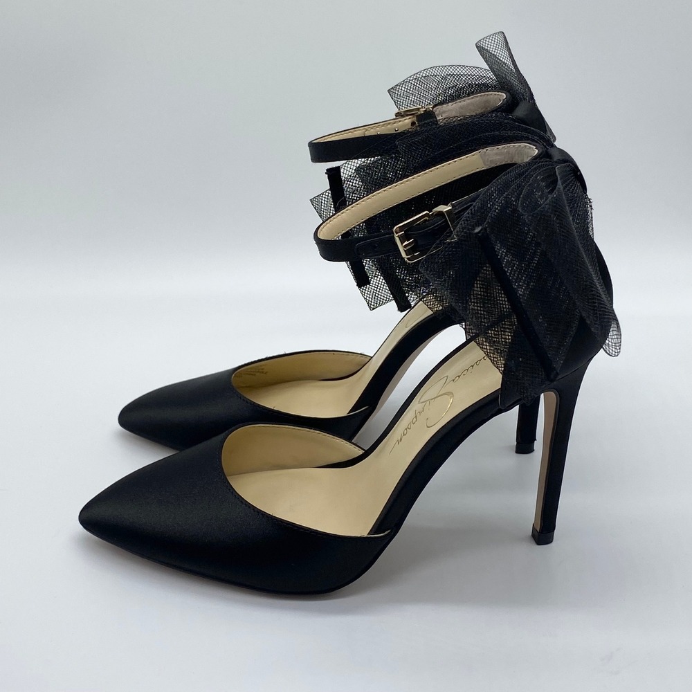 Jessica Simpson Size 6.5 Pumps D'Orsay Dress Heels Black Satin Stiletto Bows - Picture 5 of 11